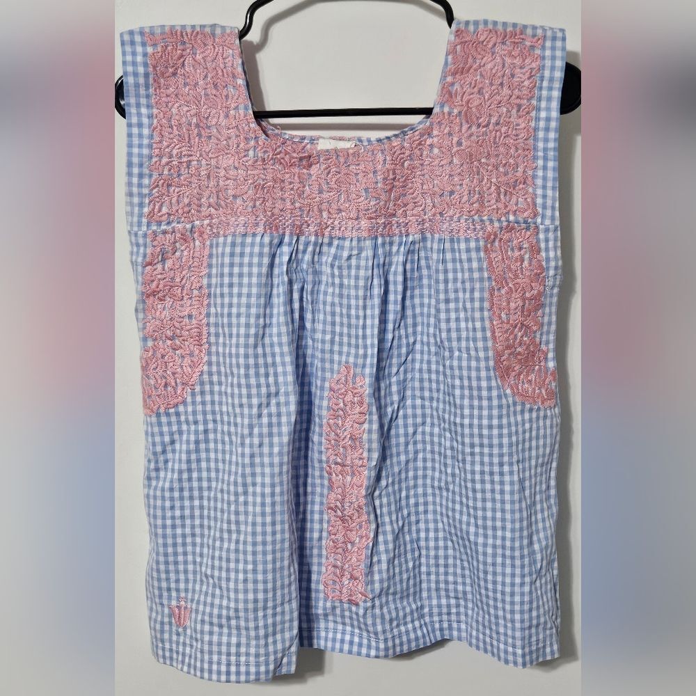 J. . Marie Blue Gingham Embroidery Smock Top, Size Small - Picture 2 of 5
